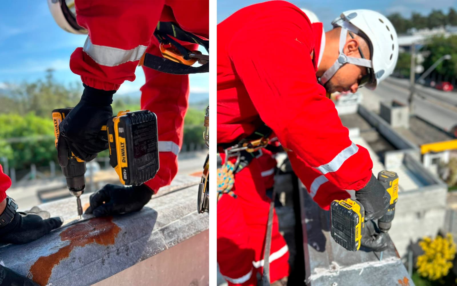 Equipe executando manutenção e reparos em altura