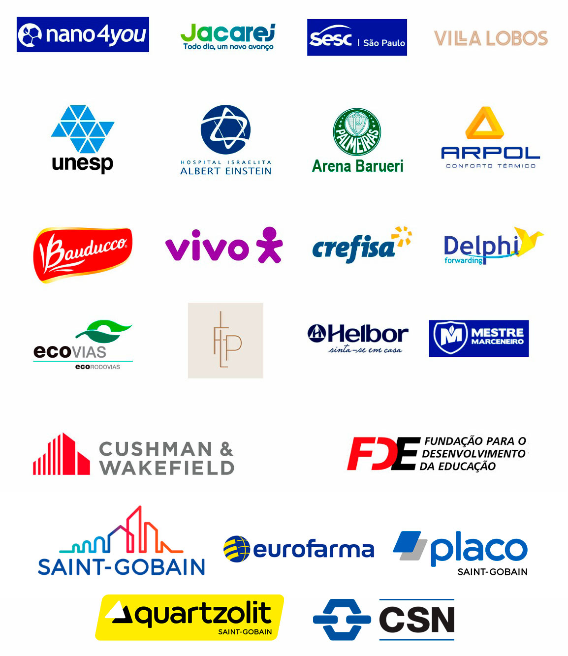 Logotipos de empresas clientes atendidas pela Evolution Alpinismo Industrial em São Paulo